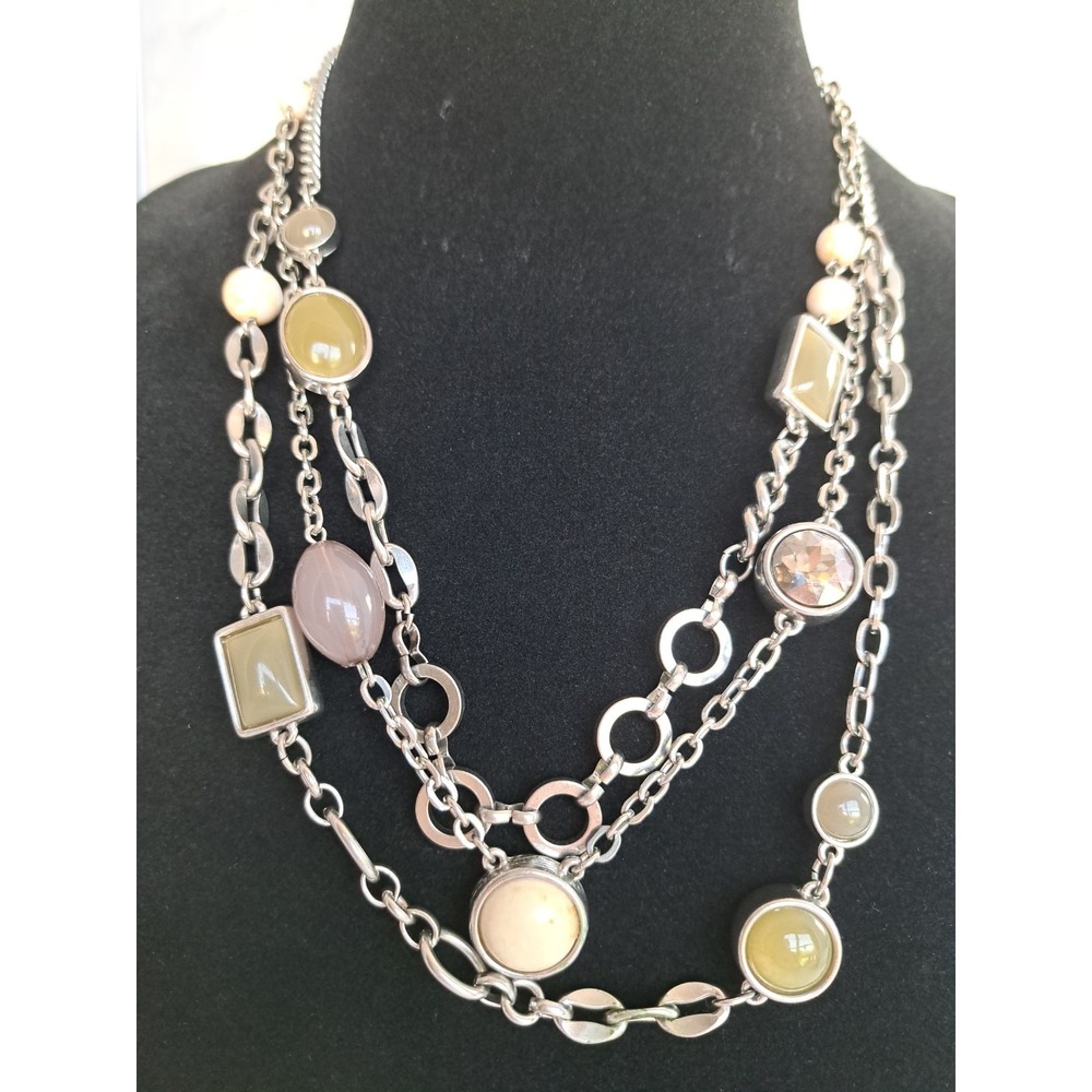 Fashion Jewelry Loft Silver Tone Chain‎ Gemstone Charms Necklace 3 Strands